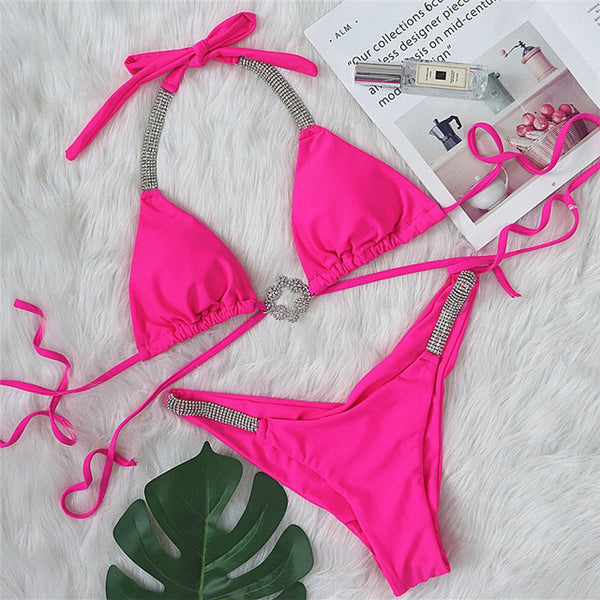 2021 Sexy diamond halter push up bikini set Triangle micro swimsuit women High cut swimwear String bathing suit Hollow beachwear