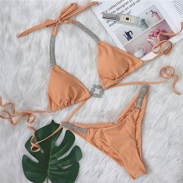 2021 Sexy diamond halter push up bikini set Triangle micro swimsuit women High cut swimwear String bathing suit Hollow beachwear