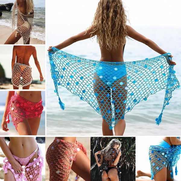 Summer Sexy Women Sequin Hollow Out Fishnet Crochet Mesh Bikini Cover Up Swimwear Bathing Beach Dress