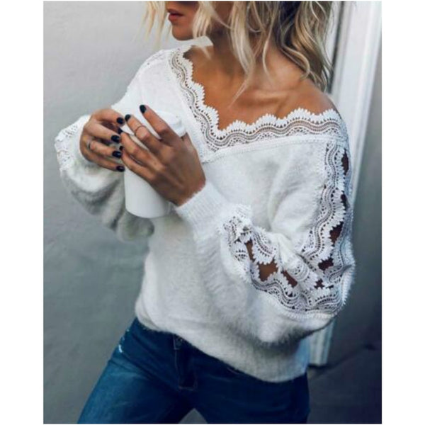 Winter Women's knitted  Sweaters Pullover V-neck Hollow Jumper Loose White Fashion Female Sweater Blouse Sexy Women Clothing