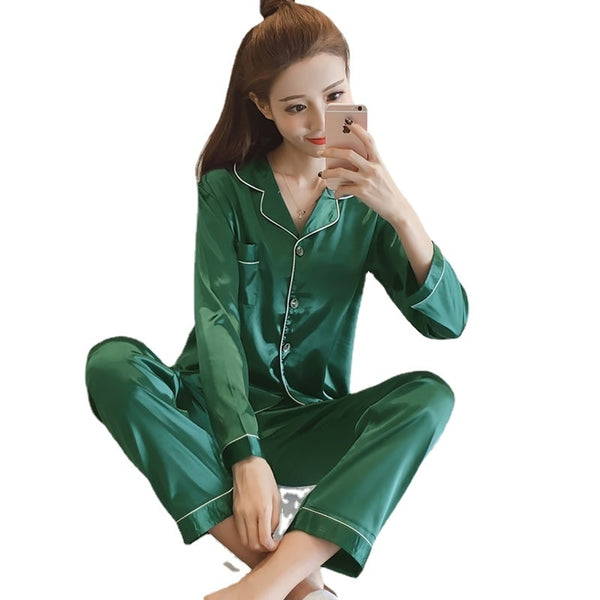Silk Satin Pajamas Set for Women Long Sleeve Sleepwear Suit Female Two Piece Set Loungewear Plus Size Available