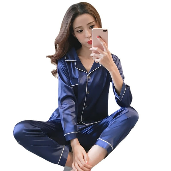 Silk Satin Pajamas Set for Women Long Sleeve Sleepwear Suit Female Two Piece Set Loungewear Plus Size Available