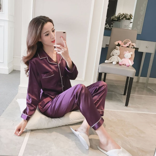 Silk Satin Pajamas Set for Women Long Sleeve Sleepwear Suit Female Two Piece Set Loungewear Plus Size Available