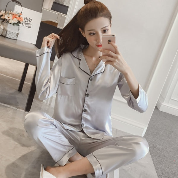 Silk Satin Pajamas Set for Women Long Sleeve Sleepwear Suit Female Two Piece Set Loungewear Plus Size Available