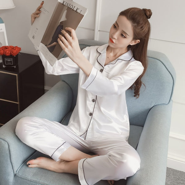Silk Satin Pajamas Set for Women Long Sleeve Sleepwear Suit Female Two Piece Set Loungewear Plus Size Available