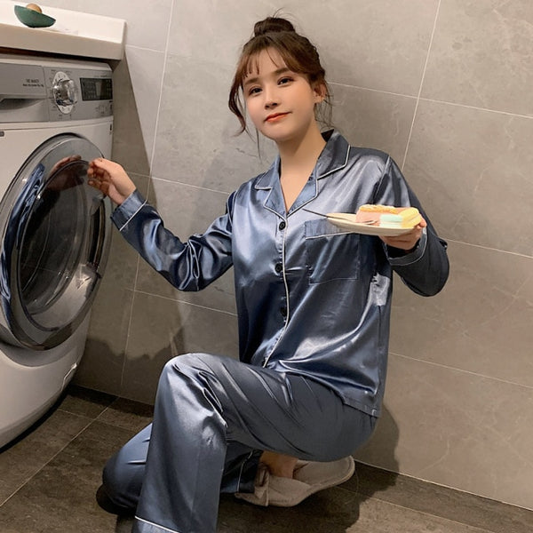 Silk Satin Pajamas Set for Women Long Sleeve Sleepwear Suit Female Two Piece Set Loungewear Plus Size Available