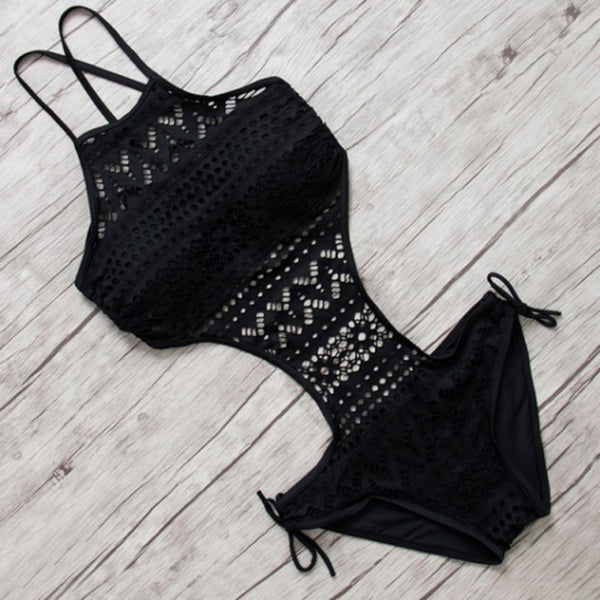 Sexy One Piece Swimsuit Backless Halter Beach Swimwear Crochet Bikini Bathing Suit 2022 Black Swimming Suit For Women