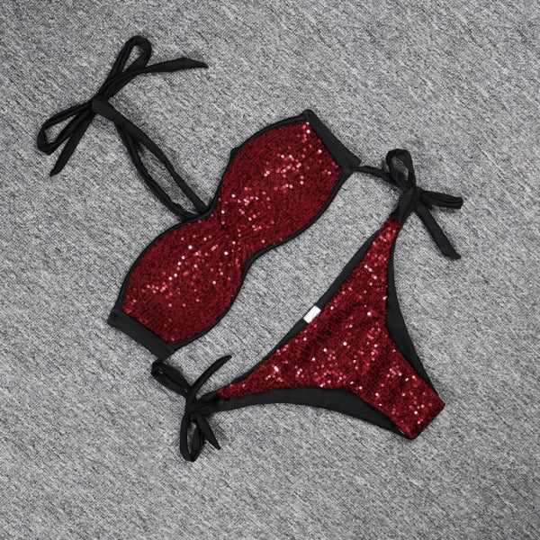 Women Bandage Two Piece Swimsuit 2022 Summer New Arrival Sexy Swimwear Bikini Set Sequins Bathing Suit Push Up Beachwear